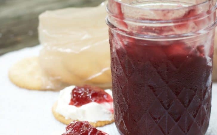 a photo from the side of an open jar of CARDAMOM PLUM JAM with two crackers that have cream cheese and jam on them