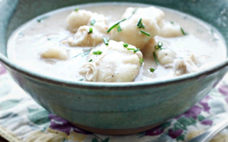 Up close photo of the dumplings on top of the Homemade Chicken and Drop Dumplings