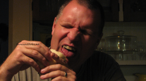 Mark enjoying a beef and cheese buritto