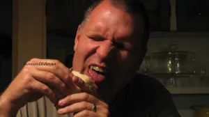 Mark enjoying a beef and cheese buritto