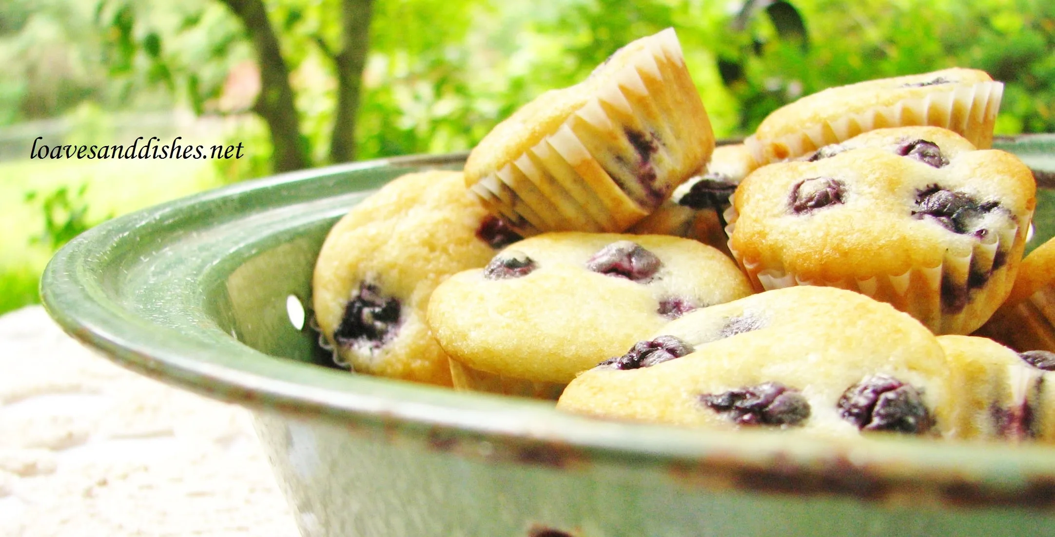 several mini blueberry muffins in a green bowl on a white table cloth