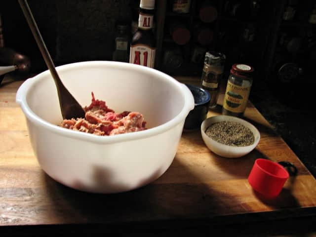 white bowl of ground beef for hangry hamburger recipe