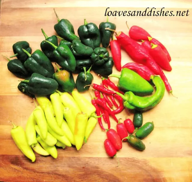 Several kinds of peppers on a cutting board