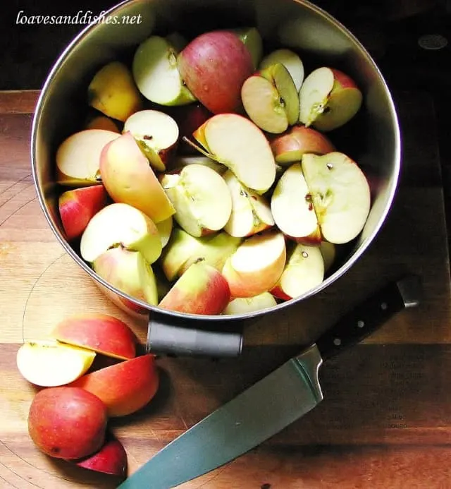 Apples in a large sauce pot with knife on cutting board