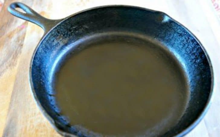 This is a photo of a reseasoned cast iron skilled for how to season a cast iron skillet