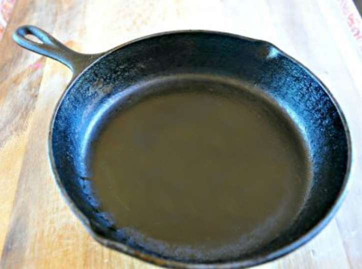 This is a photo of a reseasoned cast iron skilled for how to season a cast iron skillet