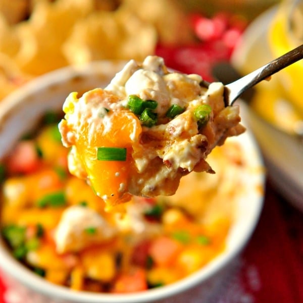 A spoonful of bacon dip with the bowl in the background