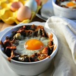 Sweet Potato Hashbrown Breakfast Bake with a white napkin and eggs in the background