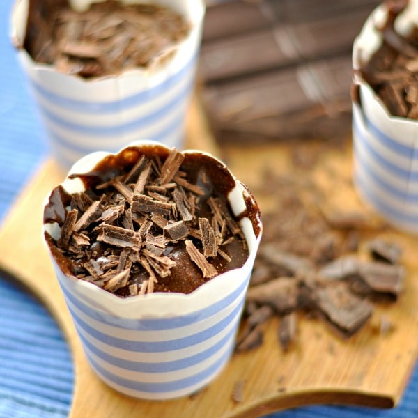 Mini Chocolate Mousse Cups in blue and white paper cups