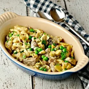 Easy Weeknight Beef Stroganoff in a blue dish with a black and white checked napkin