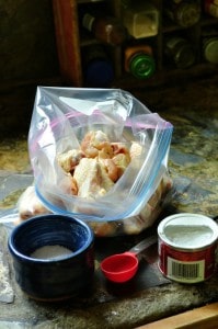 Uncooked chicken wings being seasoned