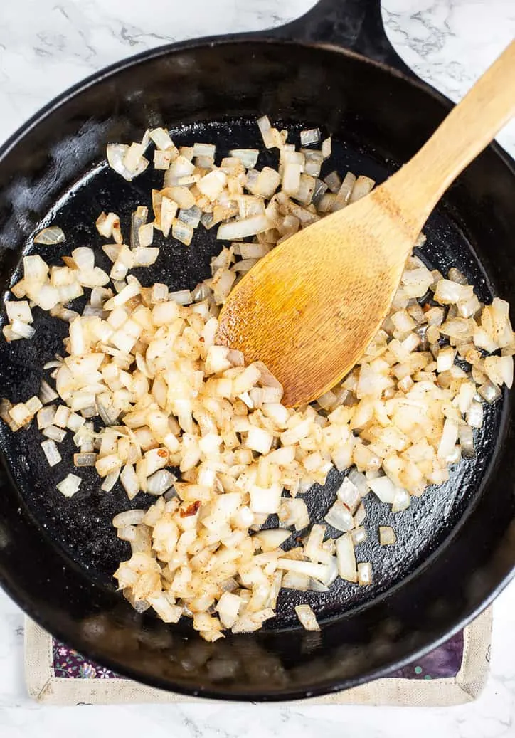 A photo of the onions being browned for Clays Three Bean Casserole