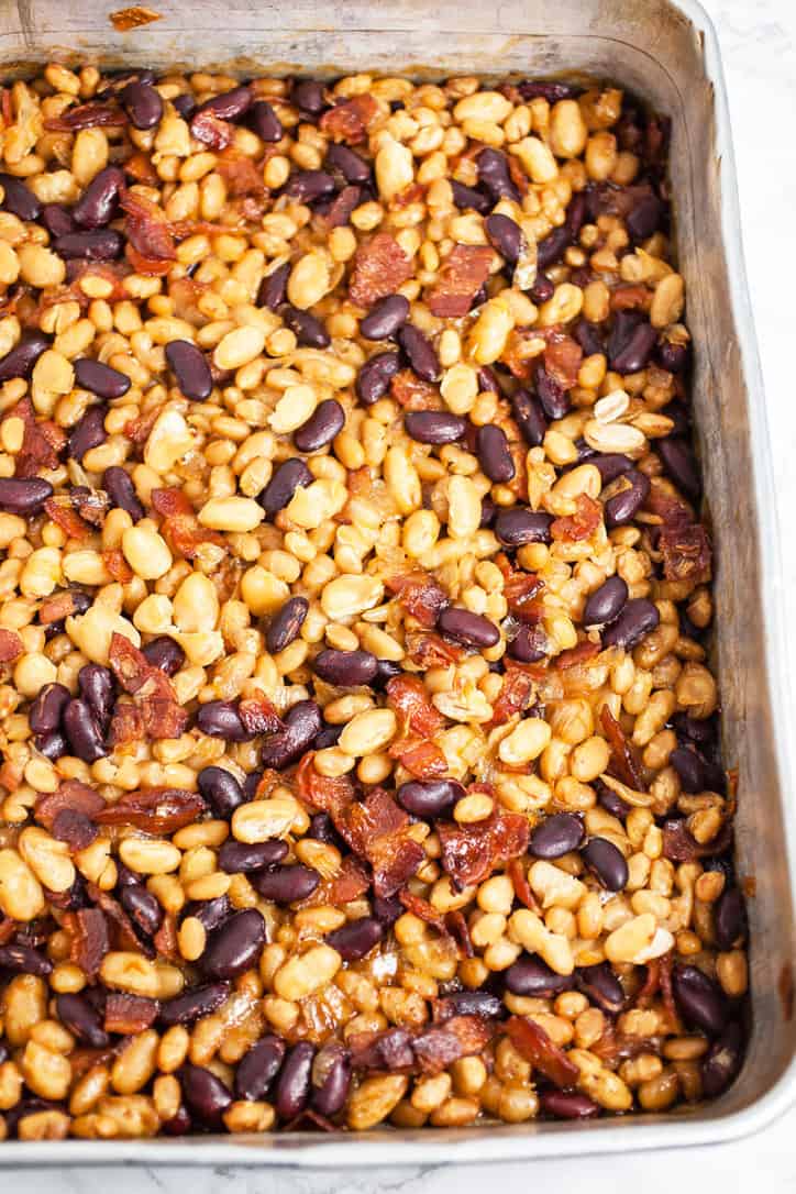 The pan of Clays Three Bean Casserole