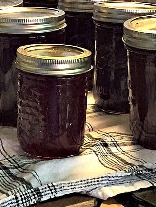 pint size jar of strawberry jam on black and white towel