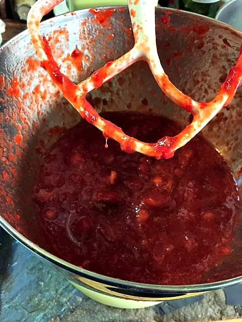 crushed strawberries in a bowl with beater