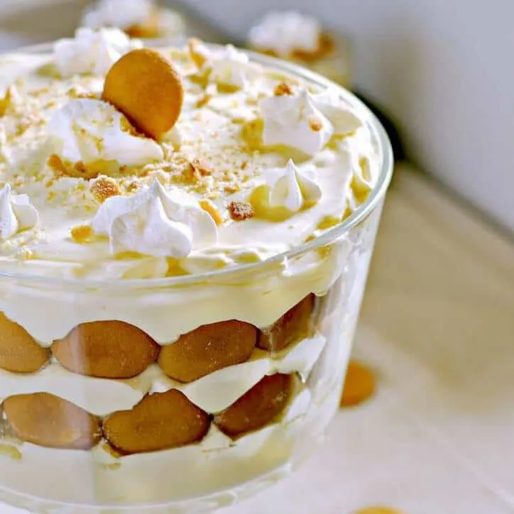 Trifle bowl showing the layers of banana, vanilla wafer and whipped cream with a cookie on top