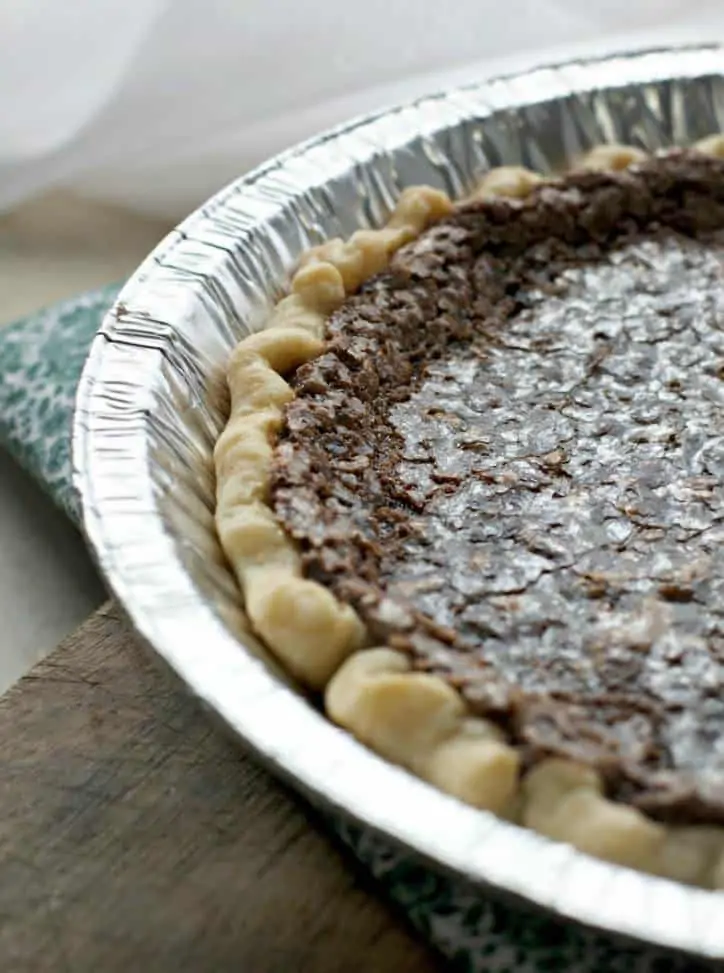 A photo of the glistening edge of the CHOCOLATE CHESS PIE