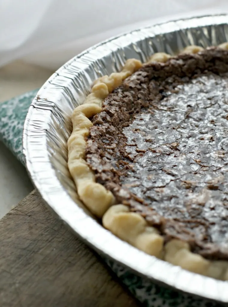 A photo of the glistening edge of the CHOCOLATE CHESS PIE 