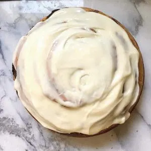 A photo from the top of cinnamon roll cake from scratch