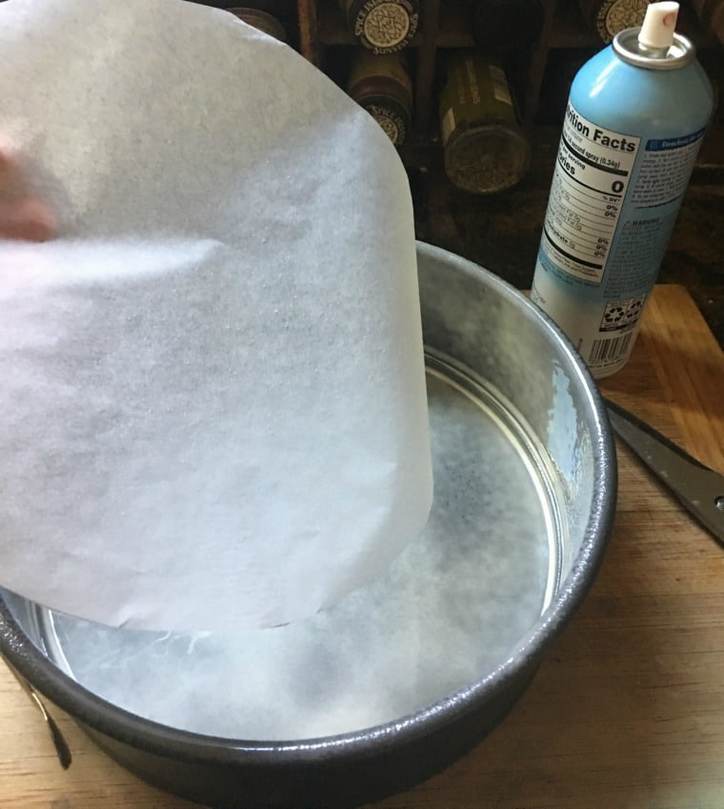 A photo of the prepared pan for cinnamon roll cake from scratch