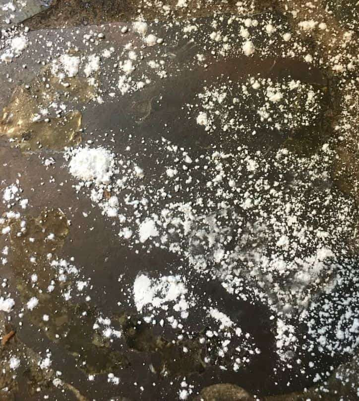 powdered sugar outline of scissor handles on a counter top