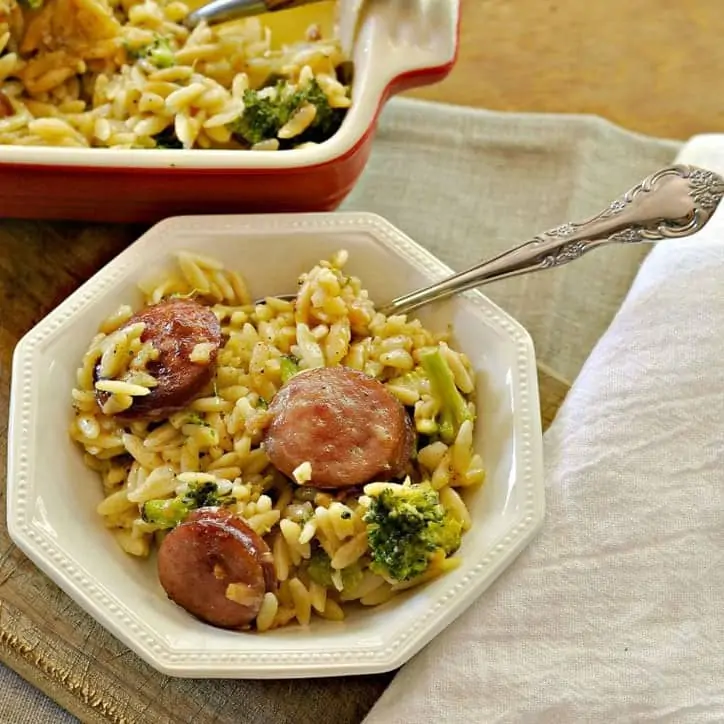 A bowl of Smoked Sausage and Cheesy Orzo @loavesanddishes.net 