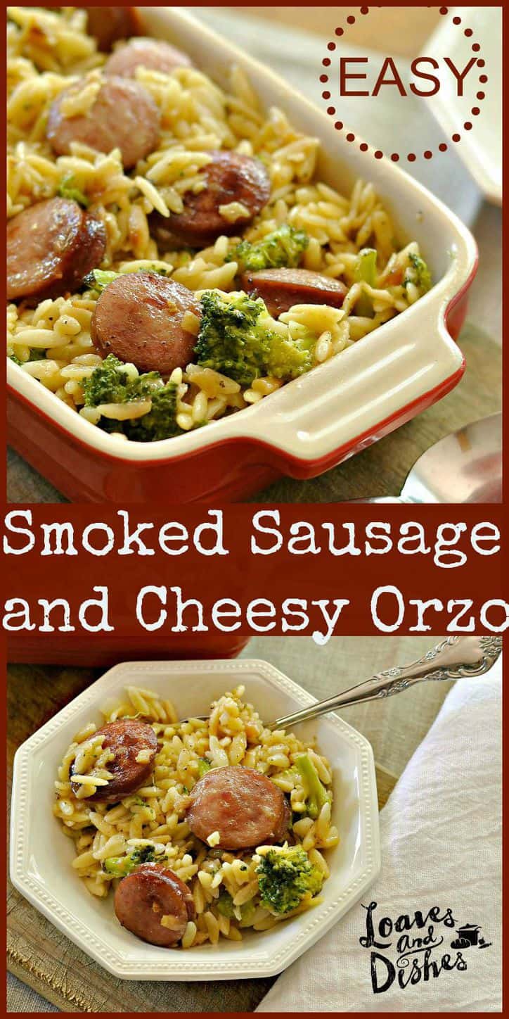 This recipe for Smoked Sausage and Cheesy Orzo is like hot dogs and mac and cheese only grown up! Easy, healthy, dinner, cheesy and creamy comfort food! It's the BEST!