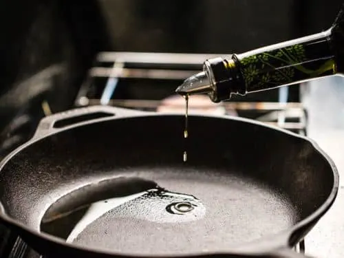A photo of oil heating in the pan for Tomato Pie