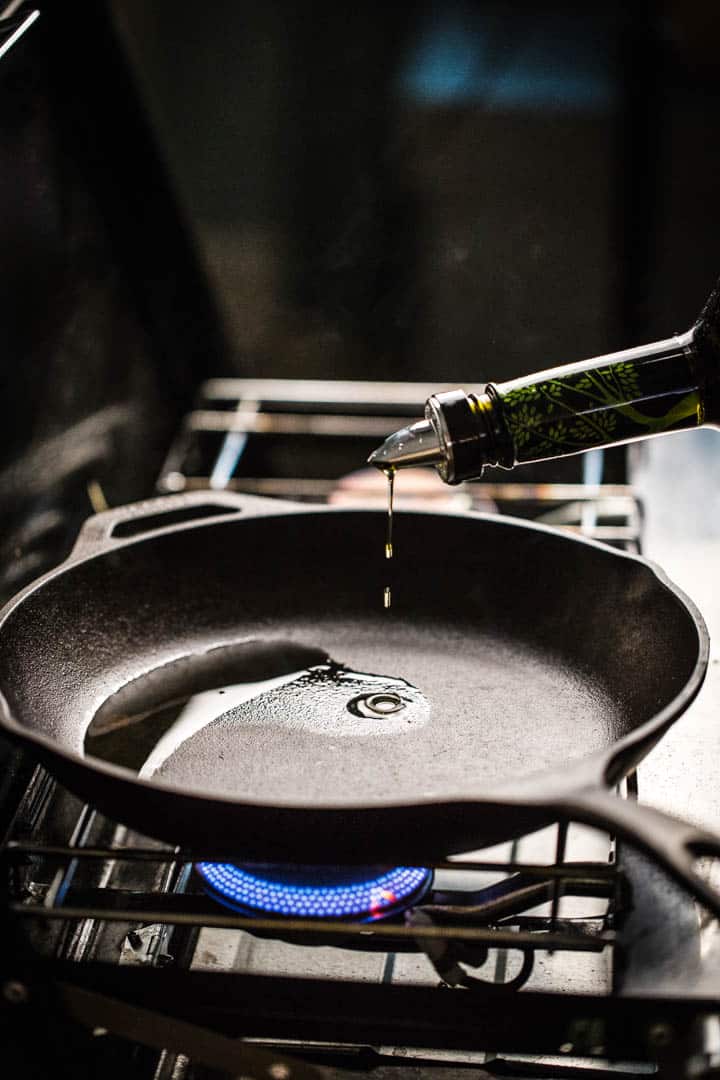 A photo of oil heating in the pan for Tomato Pie