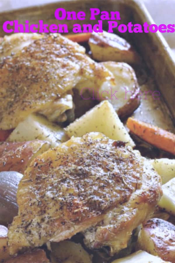 One Pan Chicken and Potatoes is a simple dish made with chicken thighs, carrots, potatoes, onions and brussel sprouts. Homemade, easy, ready in less than an hour start to finish. Like Pioneer woman or Paula Deen would make #onepan #sheetpan #easy #weeknight #recipe