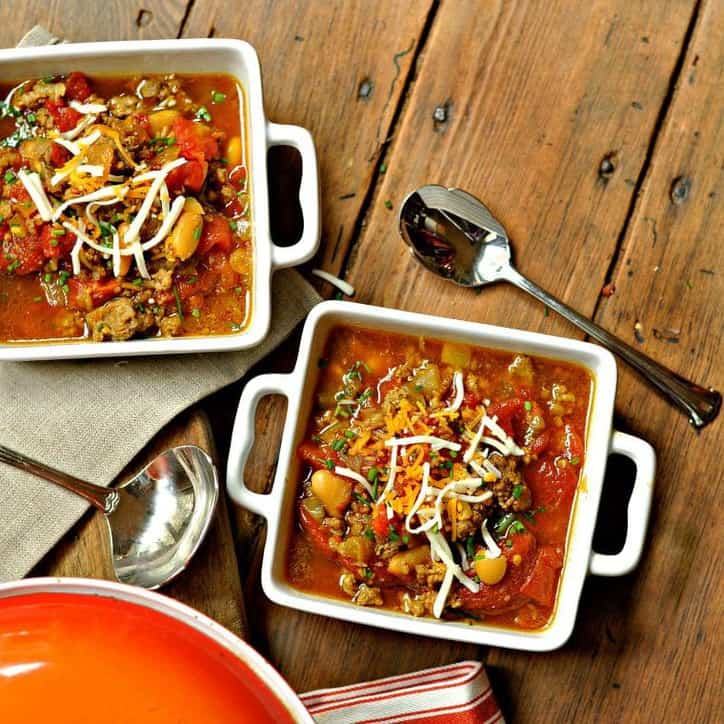 Quick Easy Chili in square white bowls with spoon