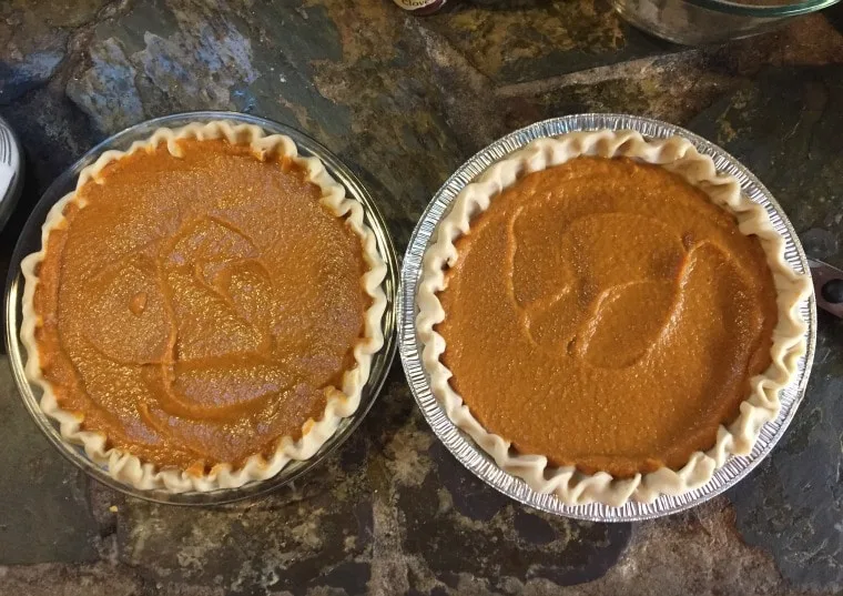 two pumpkin pies in pie plates on rock countertop