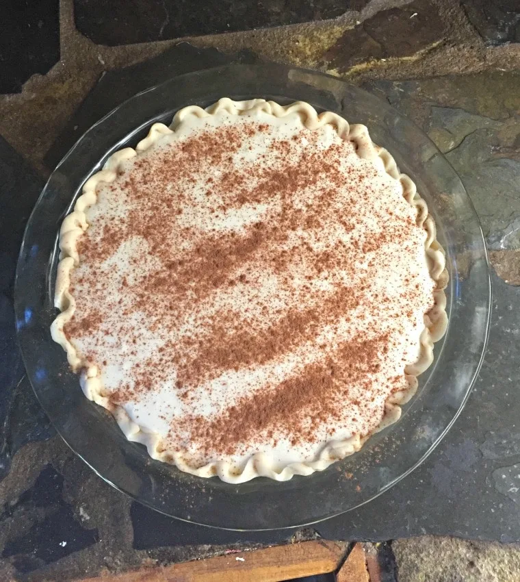 A view of the pie from the top with cinnamon sprinkled across the top