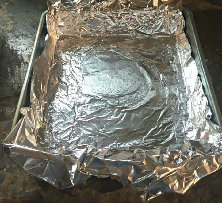9x9 pan covered in aluminum foil and sprayed with non stick spray