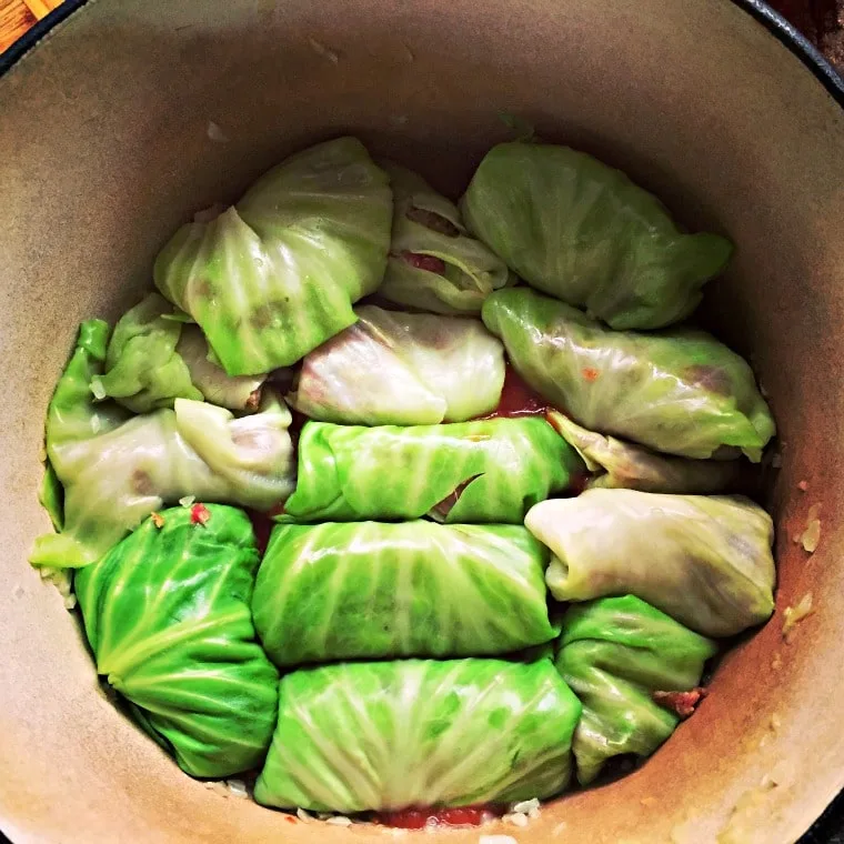 classic cabbage rolls tucked into the bottom of a dutch oven