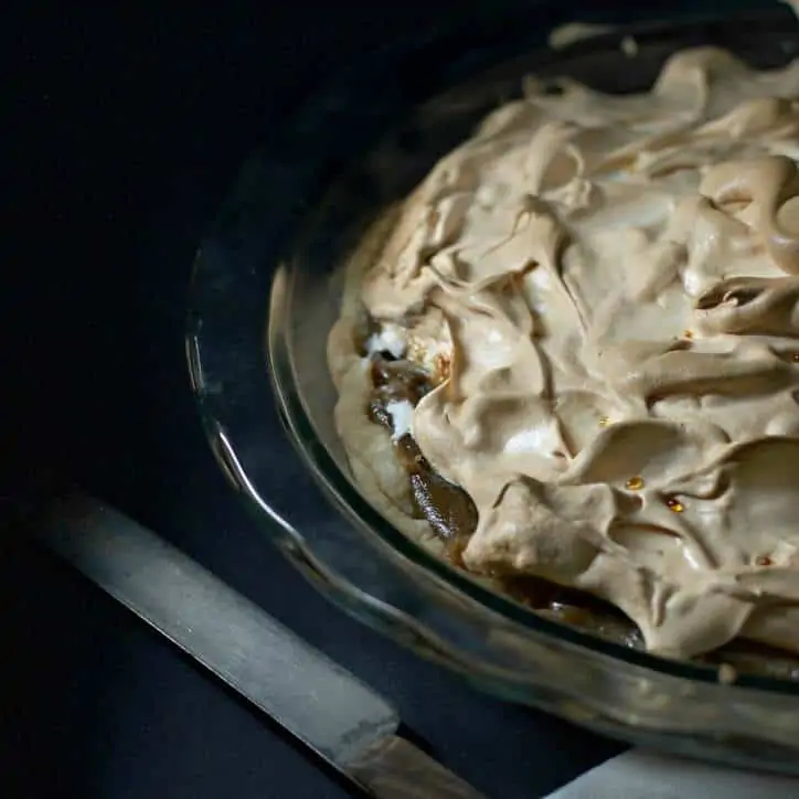 A photo of the entire pie from above focused on meringue Old Fashion Butterscotch Pie www.loavesanddishes.net