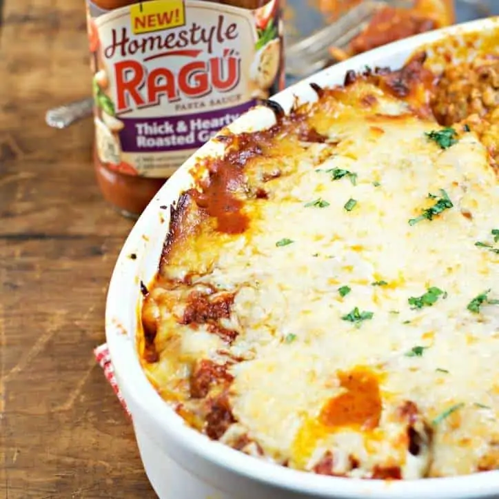 cheeseburger stuffed pasta in white baking dish covered with melted cheese