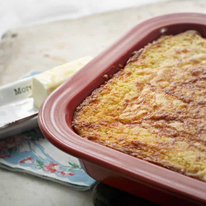 Southern Mexican Cornbread in the red ceramic baking pan