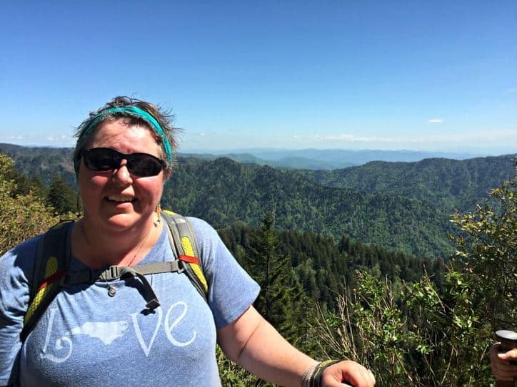 The author of this site at a scenic overlook with the mountains off in the distance