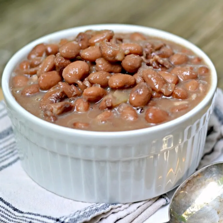 Side view of a bowl of hot beans in white ceramic bowl on napkin