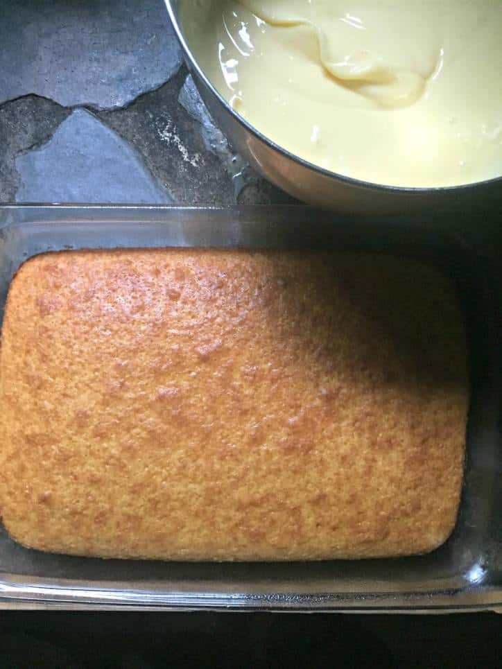 overhead shot of baked cake and prepared pudding