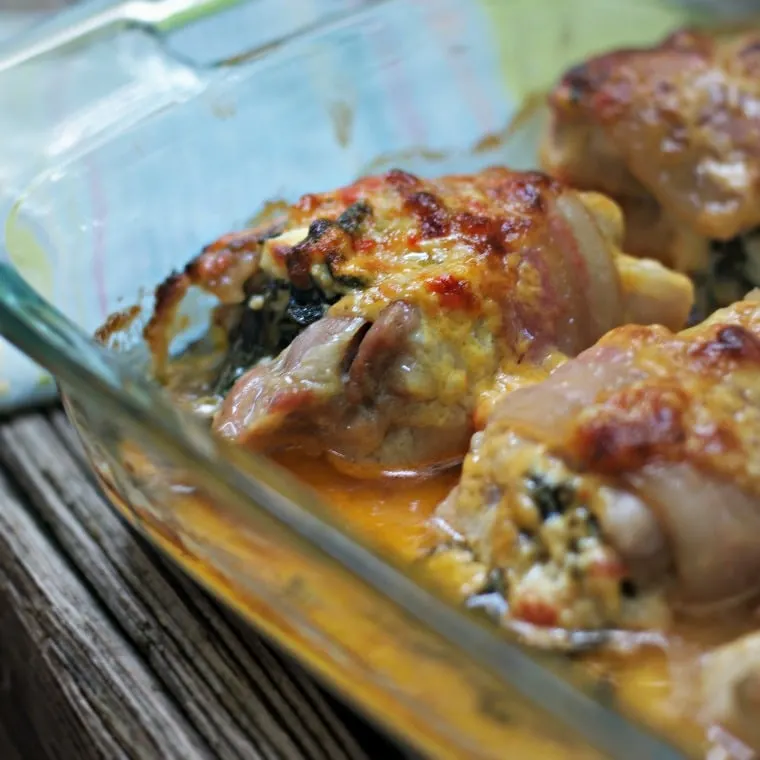 An extremely close up view of CREAMY SPINACH STUFFED PIMENTO CHEESE CHICKEN