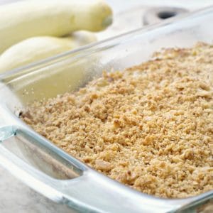 A photo showing a baking pan full of Easy Cheesy Southern Squash Casserole