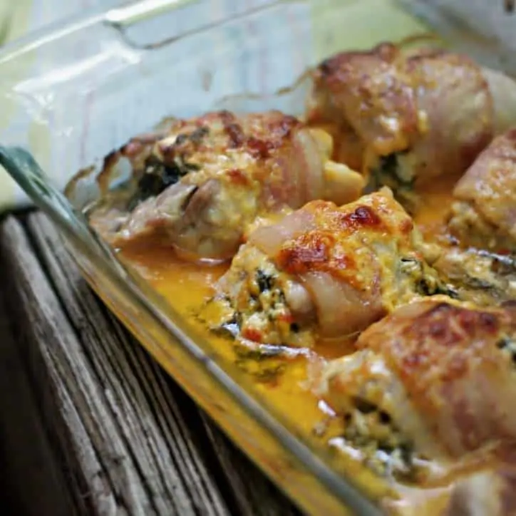A photo of a close up view of CREAMY SPINACH STUFFED PIMENTO CHEESE CHICKEN