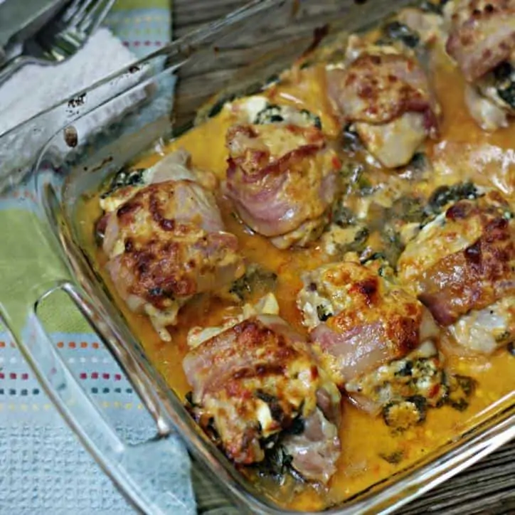 A photo view of CREAMY SPINACH STUFFED PIMENTO CHEESE CHICKEN from overhead