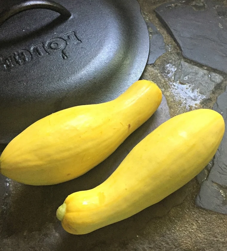 Two yellow squash sitting on a stone counter with cast iron pan lid