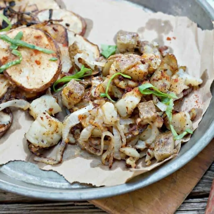 A close up photo from above of Southern Fried Potatoes and Onions