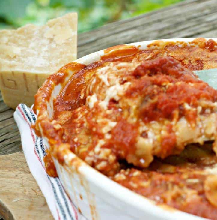 This is a photo of some of the Fried Green Tomato Parmigiana being scooped out