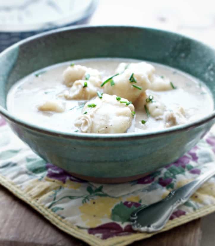 Up close photo of the dumplings on top of the Homemade Chicken and Drop Dumplings