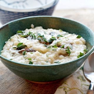 a close up side angle of Creamy No Stir Parmesan Mushroom Risotto